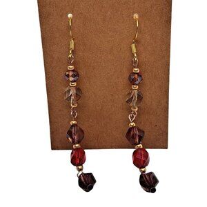 Handmade long red brown champagne glass crystal earrings gold tone wires